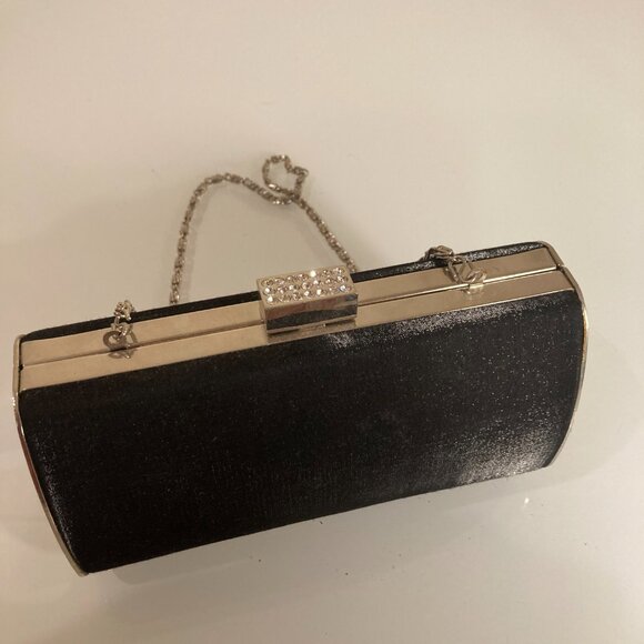 Black Satin Glitter Box Clutch Purse , Silver Diamante Crystal Clasp - Picture 6 of 12